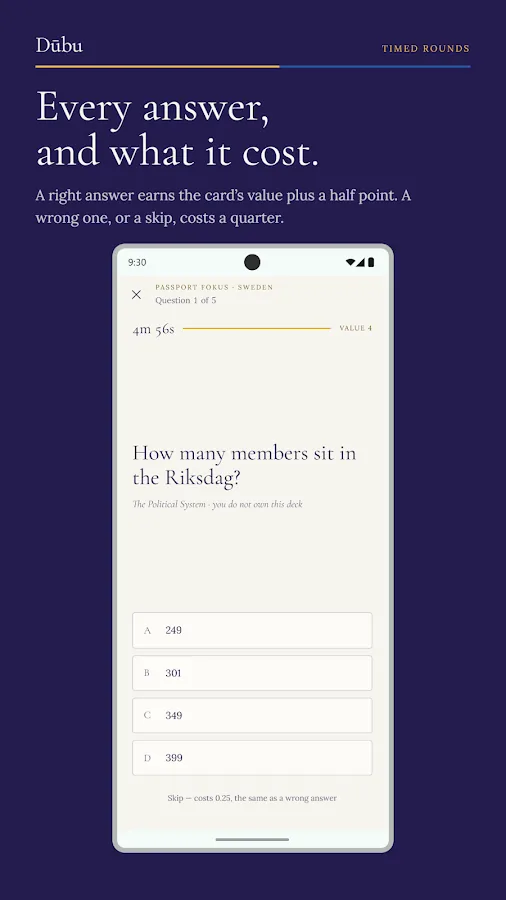 A timed question — a right answer earns the card's value plus half a point
