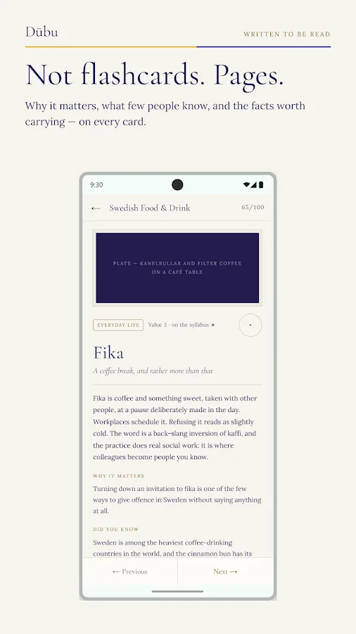 A study card about fika, laid out like a page